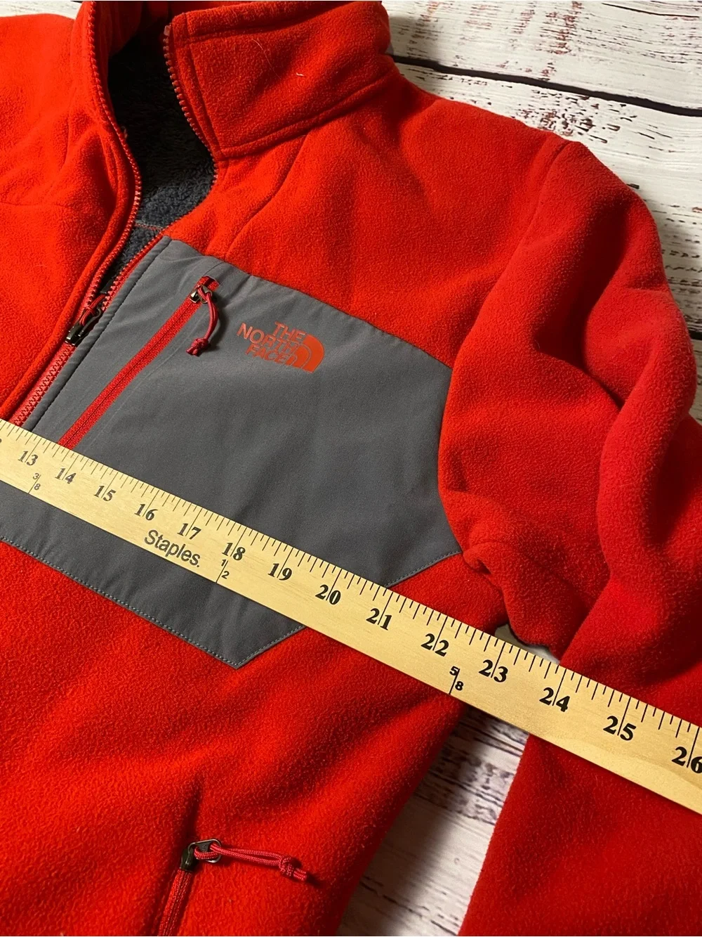 The North Face Red Fleece Jacket with Gray Chest Panel Sz-L